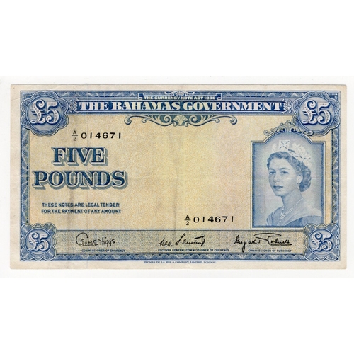 522 - Bahamas 5 Pounds not dated issued 1953, portrait Queen Elizabeth II at right, serial A/2 014671 (BNB... 