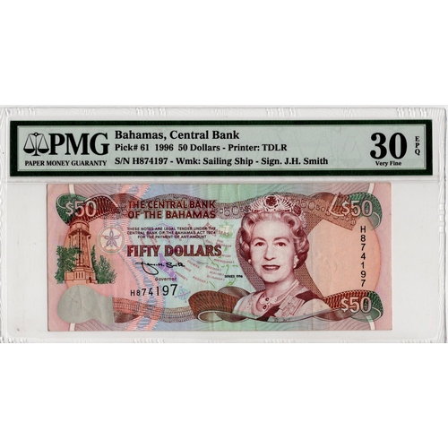 524 - Bahamas 50 Dollars dated 1996, signed James H. Smith, serial H874197 (BNB B327a, Pick61) in PMG hold... 