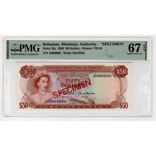 525 - Bahamas 50 Dollars SPECIMEN note dated 1968, serial A000000, diagonal red 'SPECIMEN' overprint on bo... 