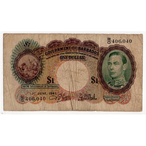 528 - Barbados 1 Dollar dated 1st June 1943, portrait King George VI at right, serial B/O 406040 (BNB B102... 