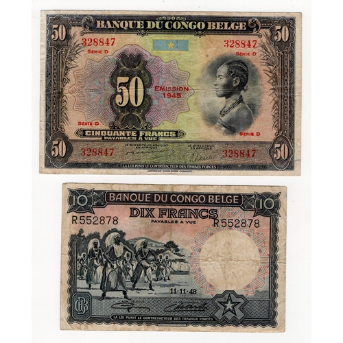 532 - Belgian Congo (2), 50 Francs issued 1945, series D note with 'Emission-1945' overprint, serial no. D... 