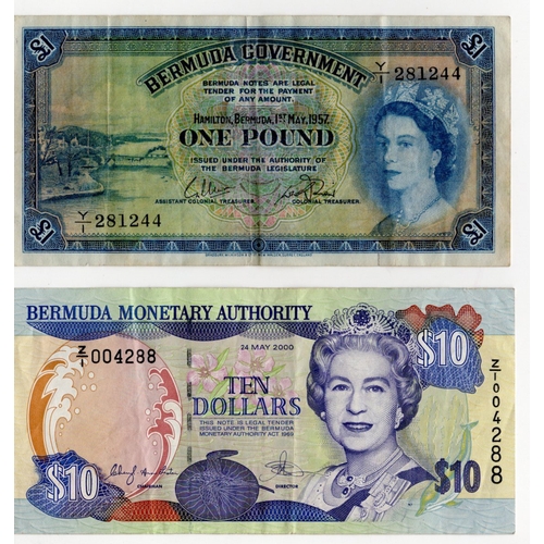 540 - Bermuda (2), 1 Pound dated 1st May 1957, portrait Queen Elizabeth II at right, serial Y/1 281244 (BN... 