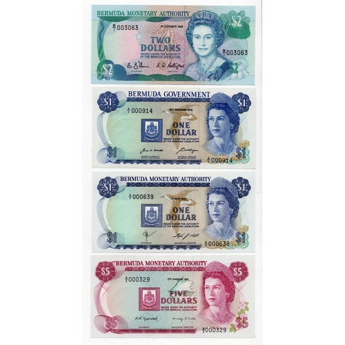 541 - Bermuda (4), LOW serial numbers, 5 Dollars dated 1981 serial A/2 000329, 1 Dollar dated 1970 serial ... 