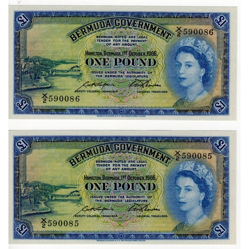 543 - Bermuda 1 Pound (2) dated 1st October 1966, a rare consecutively numbered pair, portrait Queen Eliza... 