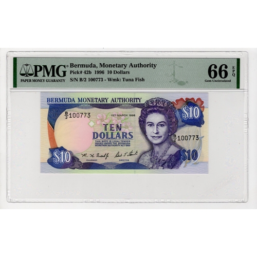 544 - Bermuda 10 Dollars dated 15th March 1996, serial B/2 100773 (BNB B216b, Pick42b) in PMG holder grade... 