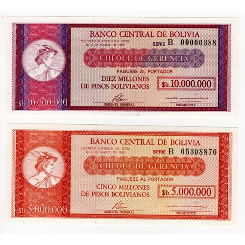 548 - Bolivia (2), 10000000 10 Million and 5000000 5 Million Bolivianos emergency issue dated 8th March 19... 