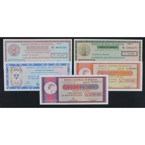 551 - Bolivia (5), 10 Million, 5 Million, 1 Million, 500000 and 100000 Bolivianos emergency issue dated 8t... 