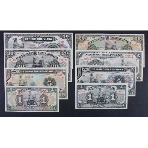 555 - Bolivia (8), 50 Bolivanos, 20 Bolivanos, 10 Bolivanos, 5 Bolivanos, 1 Bolivano, dated 11th May 1911 ... 