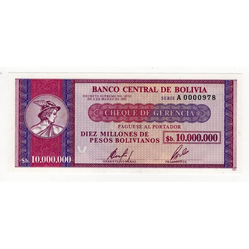 556 - Bolivia 10000000, 10 Million Bolivianos emergency issue dated 8th March 1985, LOW number, serial A 0... 