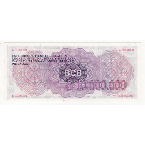 556 - Bolivia 10000000, 10 Million Bolivianos emergency issue dated 8th March 1985, LOW number, serial A 0... 