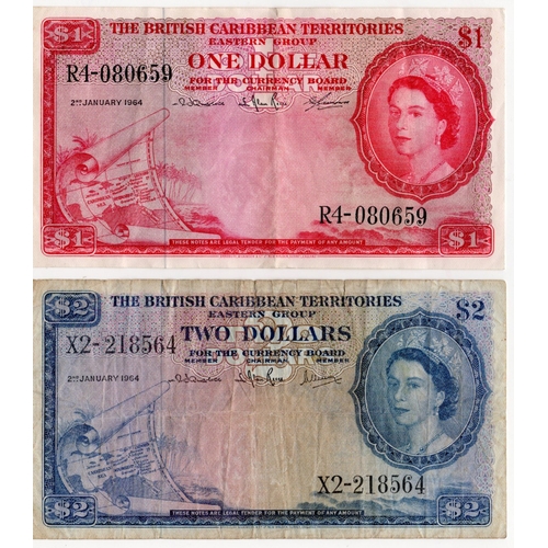 561 - British Caribbean Territories (2), 1 Dollar and 2 Dollars dated 2nd January 1964, portrait Queen Eli... 