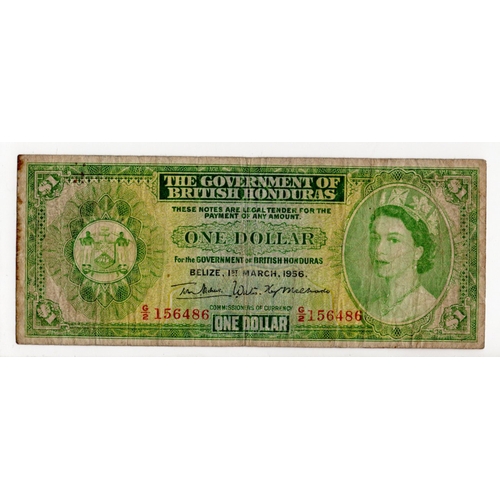 566 - British Honduras 1 Dollar dated 1st March 1956, portrait Queen Elizabeth II at right, serial G/2 156... 