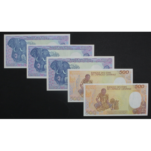 577 - Cameroun (5), 1000 Francs dated 1985, 1986 & 1990  (BNB B411a, B412a & e, Pick25, 26a & b), 500 Fran... 