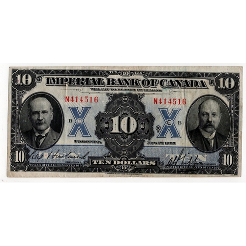 587 - Canada Imperial Bank 10 Dollars dated 1st November 1923, serial N414516 (pickS1143a) 4 pinholes, Fin... 