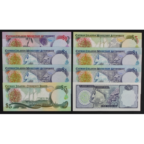 591 - Cayman Islands (8), 1 Dollar dated 1971 serial A/2 979148, 5 Dollars dated 1991 serial B/1 184533, 1... 