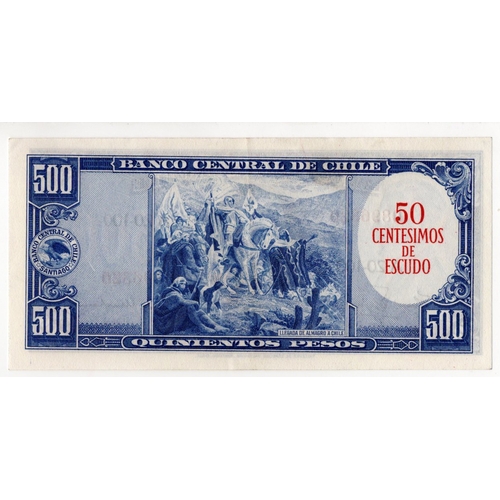 610 - Chile 50 Centesimos Escudos overprint on 500 Pesos not dated issued 1960 - 1961, serial A20-100 0896... 