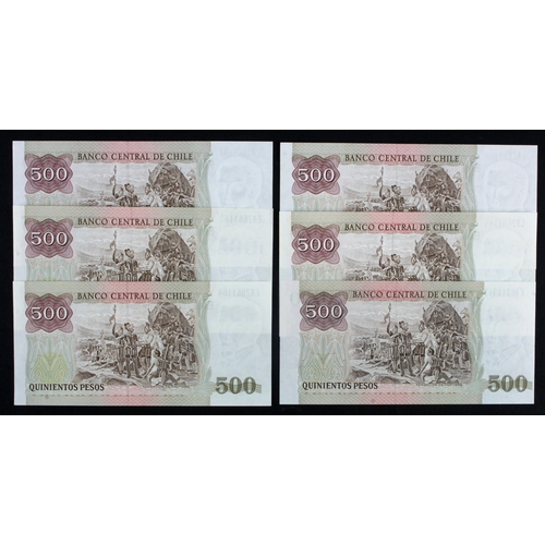 612 - Chile 500 Pesos (6), a consecutively numbered run of 5 notes dated 1990, serial CA2661163 - CA266116... 