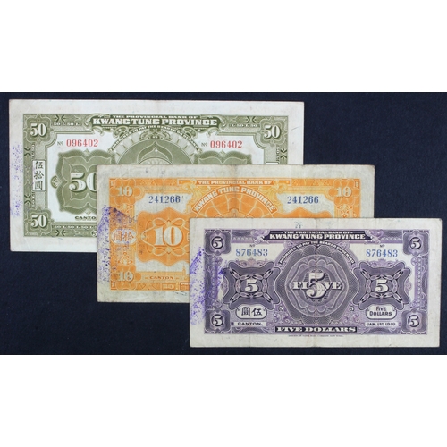 617 - China (3), Kwangtung Province 50 Dollars, 10 Dollars and 5 Dollars, Canton dated 1st January 1918 (P... 