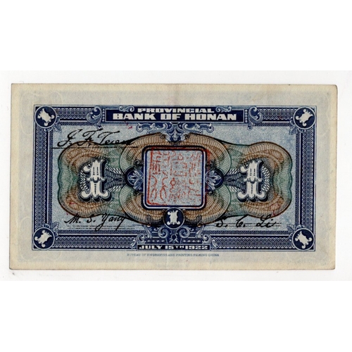 639 - China, Provincial Bank of Honan 1 Yuan dated 1922, serial F0650263 (PickS1673) about EF