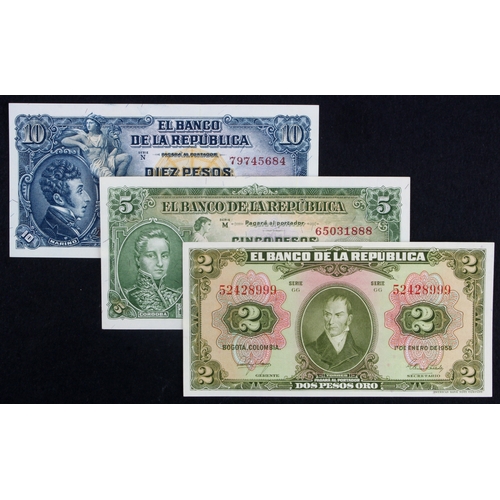 645 - Colombia (3), 2 Pesos Oro dated 1st January 1955, 5 Pesos Oro dated 20th July 1960, 10 Pesos Oro dat... 