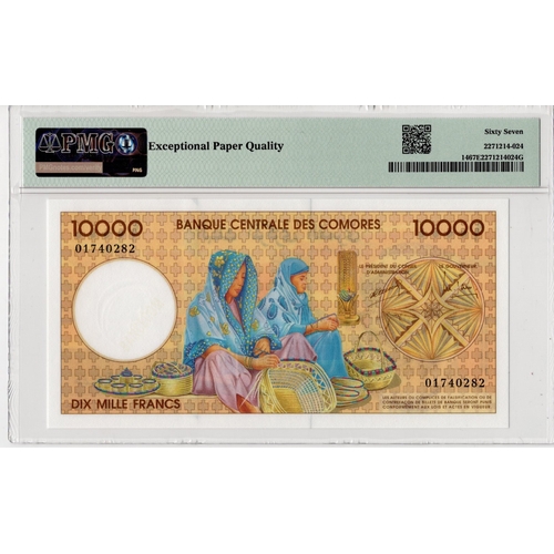 651 - Comores 10000 Francs issued 1997, serial 01740282 (BNB B305a, Pick14) in PMG holder graded 67 EPQ Su... 