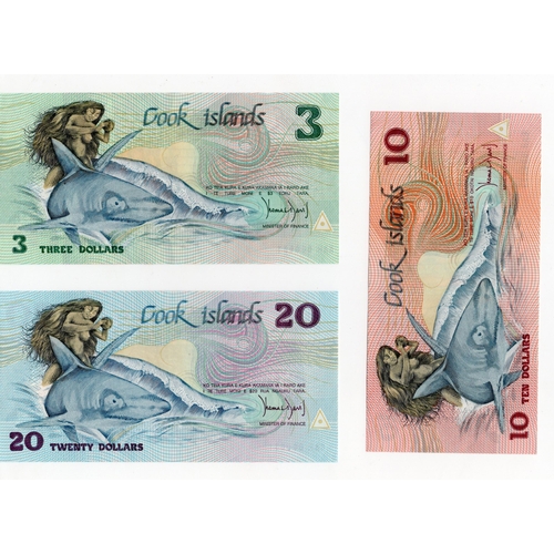 656 - Cook Islands (3), 20 Dollars, 10 Dollars & 3 Dollars issued 1987, first issue signed Thomas David, s... 