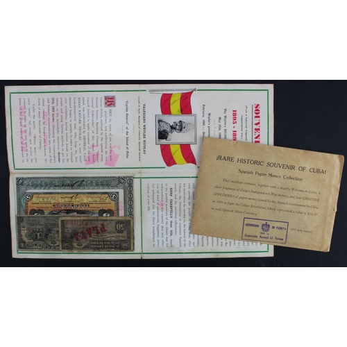 665 - Cuba (4), 10 Pesos, 5 Pesos 1 Peso and 50 Centavos dated 1898, a souvenir pack issued in 1938 with a... 