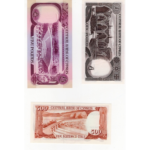 667 - Cyprus (3), 500 Mils dated 1982 serial A852367, 1 Pound dated 1979 serial A607864, 5 Pounds dated 19... 