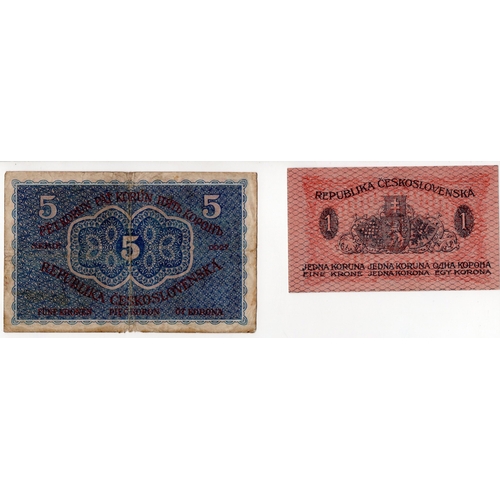 681 - Czechoslovakia (2), 1 Korunu and 5 Korun dated 1919, series 107 and 0027 (BNB B107a & B108a, Pick6a ... 