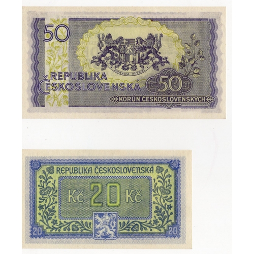 683 - Czechoslovakia (2), 20 Korun & 50 Korun issued 1945, serial HK637448 & JA969834 (BNB B140a, B141a, P... 