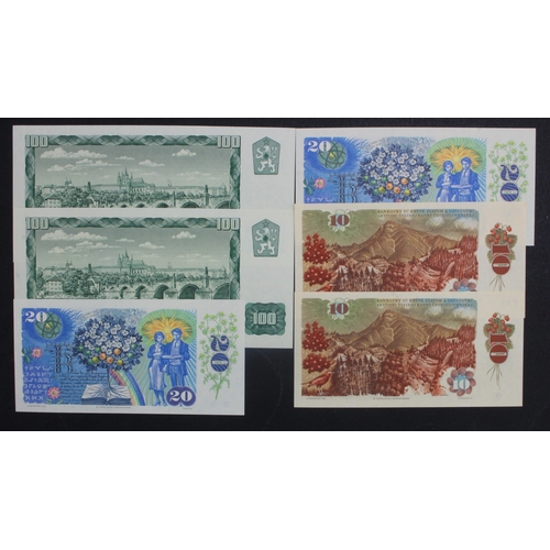 686 - Czechoslovakia (6), 10 Korun dated 1986 (2), 20 Korun dated 1988 (2), 100 Korun dated 1961 (2), all ... 