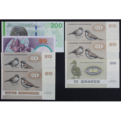 695 - Denmark (7), 200 Kroner dated 2010, 50 Kroner dated 2002, 20 Kroner (4) dated 1979 (2), 1981, 1984, ... 