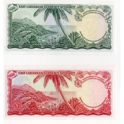 706 - East Caribbean (2), 5 Dollars and 1 Dollar issued 1965 (BNB B101c8 & B102c8, Pick13e & 14g) Uncircul... 