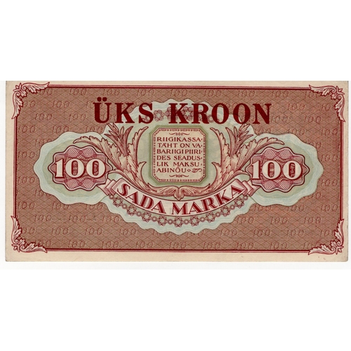 731 - Estonia 1 Kroon overprint on 100 Marka dated 1923 (issued 1928), serial A 12714190 (BNB B117a, Pick6... 