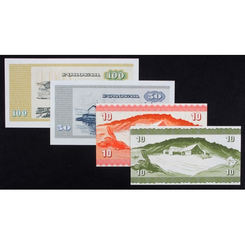 738 - Faeroe Islands (4), 100 Kronur dated 1988, 50 Kronur dated 1987, 10 Kronur dated 1974, 10 Kronur iss... 