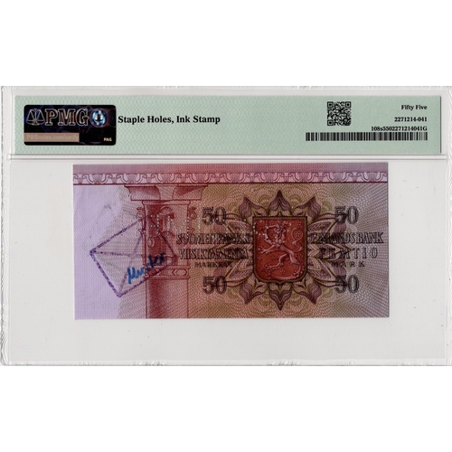 752 - Finland 50 Markkaa dated 1977, rare SPECIMEN note with 'SPECIMEN' perforation, serial A0000000 (BNB ... 