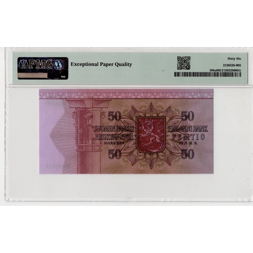 753 - Finland 50 Markkaa dated 1977, serial M0409415 (BNB B394a, Pick108a) in PMG holder graded 66 EPQ Gem... 