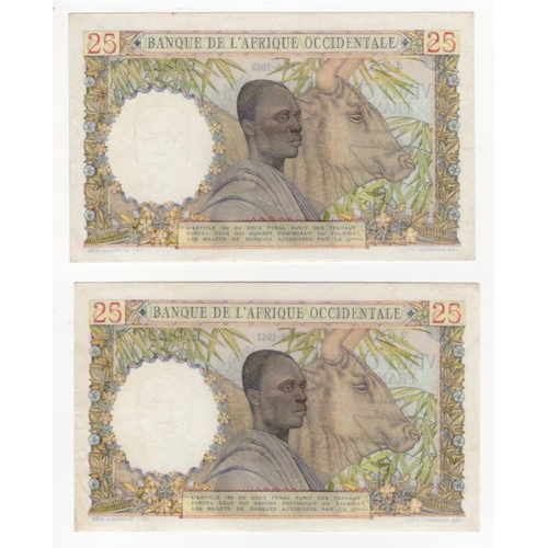 779 - French West Africa 25 Francs (2) dated 17th August 1943, serial E.1852 399 & E.1852 425 (BNB B122a, ... 