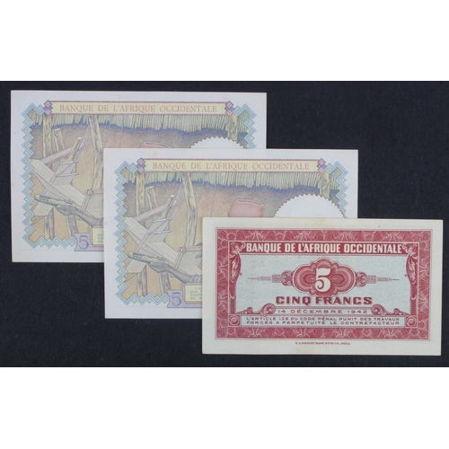 781 - French West Africa 5 Francs (3) dated 6th March 1941, serial C.8050 734 & C.8050 778 (BNB B112a, Pic... 