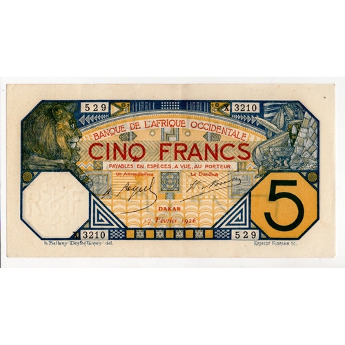 782 - French West Africa 5 Francs dated 17th February 1926, Dakar, serial X 3210 529 (BNB B101Df2, Pick5Bc... 