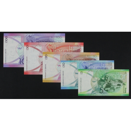 807 - Gibraltar (5), 100 Pounds dated 2011 serial A/AA 006565, 50 Pounds dated 2010 serial A/AA 006995, 20... 