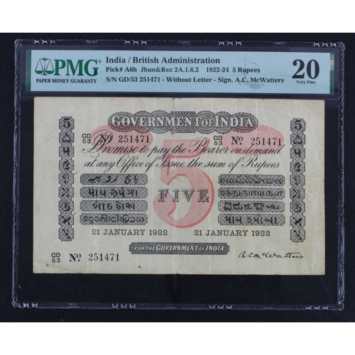 845 - India 5 Rupees dated 21st January 1922, signed McWatters, serial GD/53 251471 (BNB B132b, PickA6h) s... 