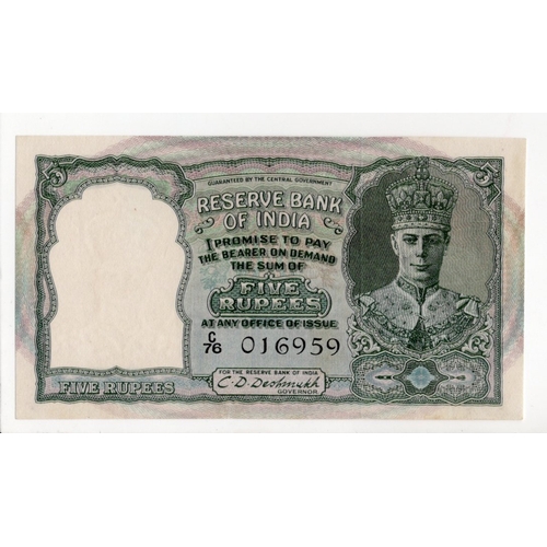 848 - India 5 Rupees issued 1943, signed C.D. Deshmukh, portrait King George VI at right, BLACK serial num... 