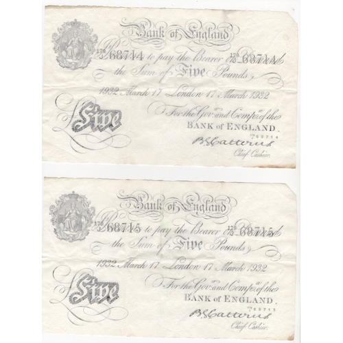 85 - Catterns 5 Pounds (B228) dated 17th March 1932 (2), a consecutively numbered pair, serial 179/J 6871... 