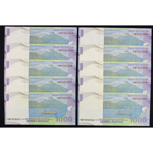 859 - Indonesia 1000 Rupiah (10) dated 2000 issued 2001, a consecutively numbered run of VERY LOW serial n... 