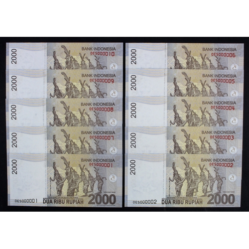 861 - Indonesia 2000 Rupiah (10) dated 2011, a consecutively numbered run of VERY LOW serial numbers, from... 