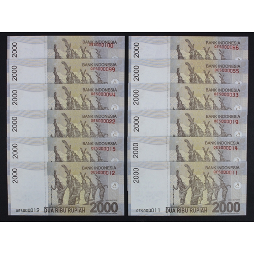 862 - Indonesia 2000 Rupiah (12) dated 2011, a good group of LOW serial numbers, all with OES prefix, 0000... 