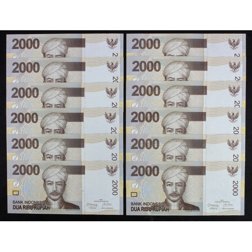 862 - Indonesia 2000 Rupiah (12) dated 2011, a good group of LOW serial numbers, all with OES prefix, 0000... 