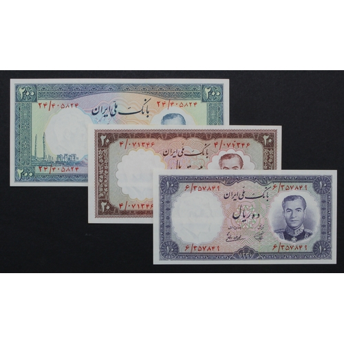 870 - Iran (3), 10 Rials, 20 Rials & 200 Rials dated SH1337 issued 1958 (BNB B158 - B160, Pick68 - 70) Unc... 