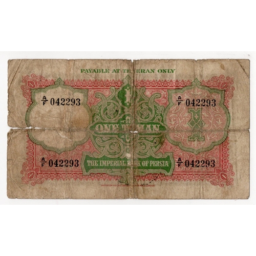 896 - Iran, Imperial Bank of Persia 1 Toman dated 8th September 1926, payable at Teheran only, signed Walt... 